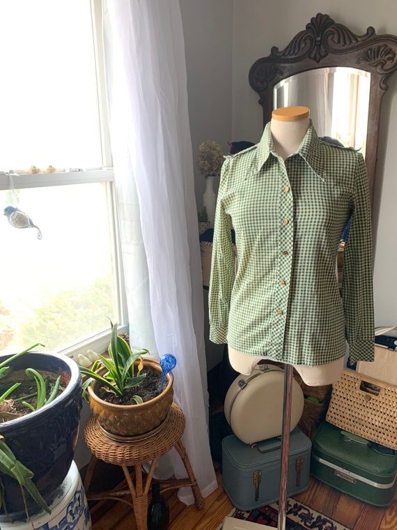 1970s Green Blouse, 70s Green Plaid Shirt, 70s Gr… - image 2