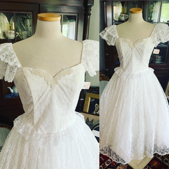 80s White Lace Gunne Sax Style Dress, Vintage Gunn