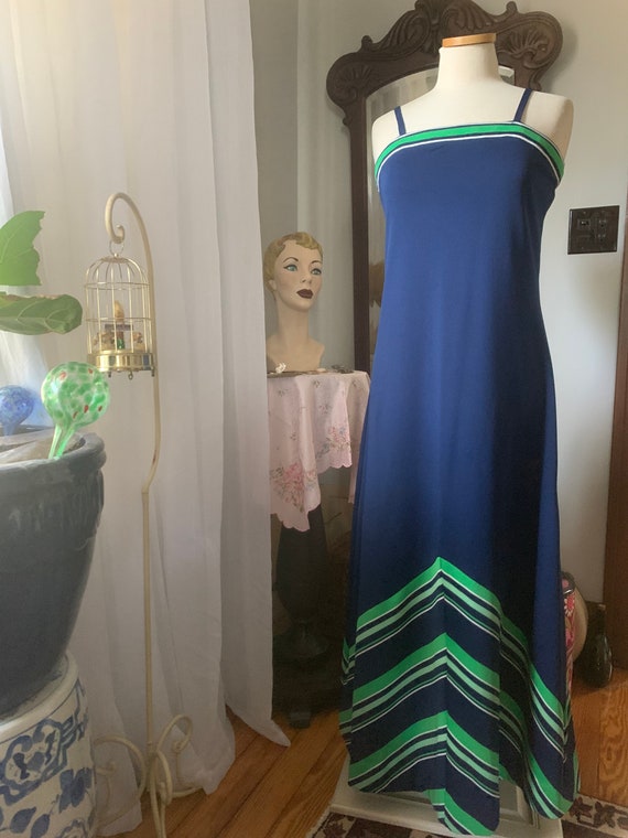 1970s Green Blue Dress, 70s Chevron Striped Dress… - image 2