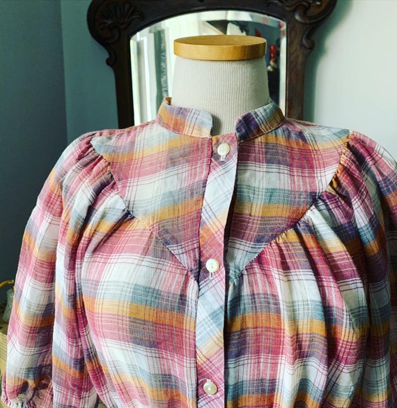 Vintage Plaid Prairie Blouse, 70s Plaid Blouse, V… - image 2