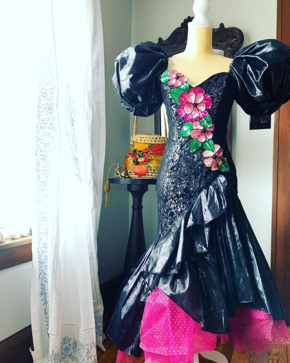 80s Flower Sequined Balloon Sleeves Dress, 80s Seq