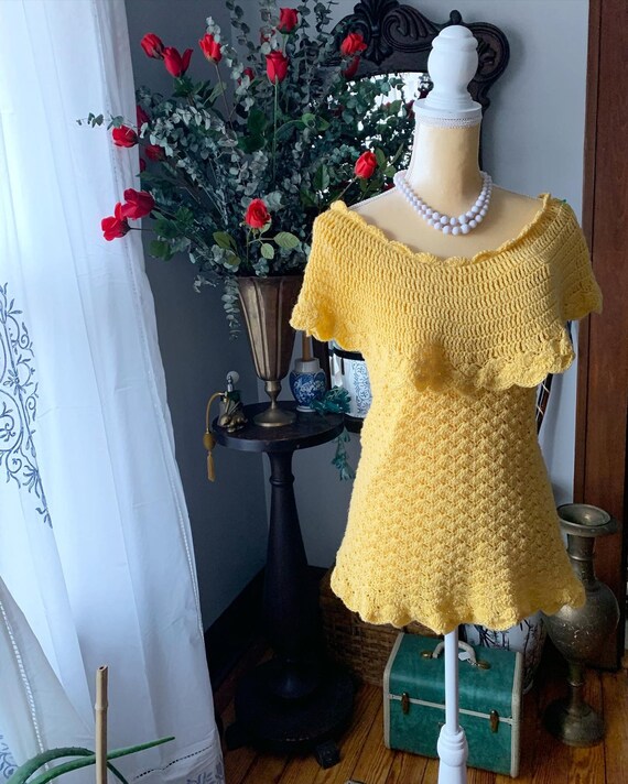 Vintage Yellow Crochet Blouse, Vintage Handmade C… - image 3