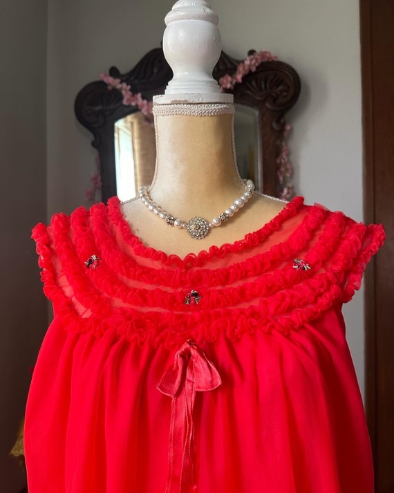 1960s Red Nylon Nightie, 60s Red Frilly Nylon Nigh