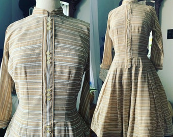 1950s Striped Dress, Size 10 Dress, 50s Sateen Cotton Dress, Fit And Flare Dress, Vintage Spring Dress, Size Medium Dress, Full Skirt