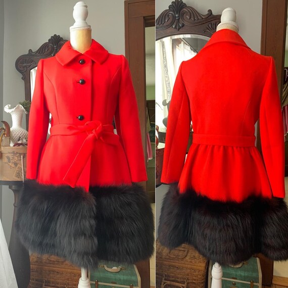 Vintage Red Lilli Ann Fox Fur Trim Coat, Vintage P