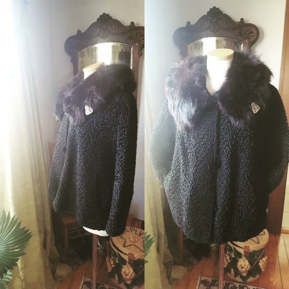 50s Volup Size Persian Lambs Wool Black Fox Fur C… - image 1