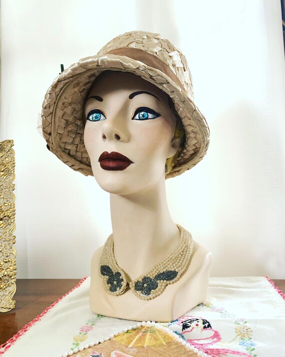 Vintage Raffia Straw Hat, Vintage Crochet Hat, 50s