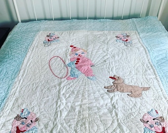 Vintage Baby Boy Blanket, 1940s Antique Quilt, 40s Clown Quilt, Vintage Baby Crib Blanket, Crib Quilt, Baby Boy Blue Quilt, Handmade Quilt