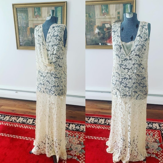1930s Ivory Lace Wedding Dress, 1920s Ecru Silk L… - image 1