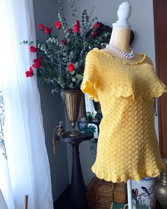 Vintage Yellow Crochet Blouse, Vintage Handmade C… - image 5