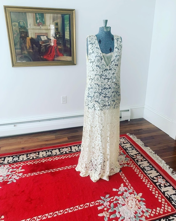 1930s Ivory Lace Wedding Dress, 1920s Ecru Silk L… - image 3