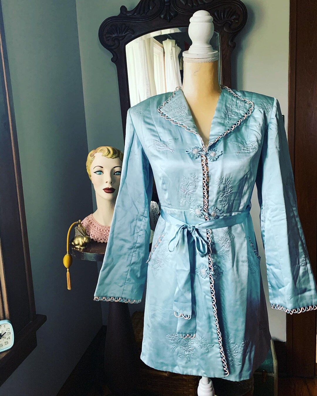 40s Blue Silk Embroidered Crane Robe 40s Blue Asian Jacket Etsy