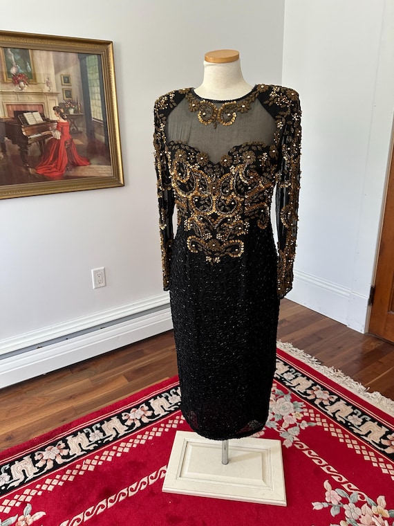 black gold beaded dress Vintage Hand Dress, 1980s Sequined Dress, Silk Hand Beaded Dress, and Dress, Size Medium Formal, Vintage Cocktail Size:8.5EE Handpicked SHEIN Favorites for Sweetheart neckline collection-longsleeve-dresses