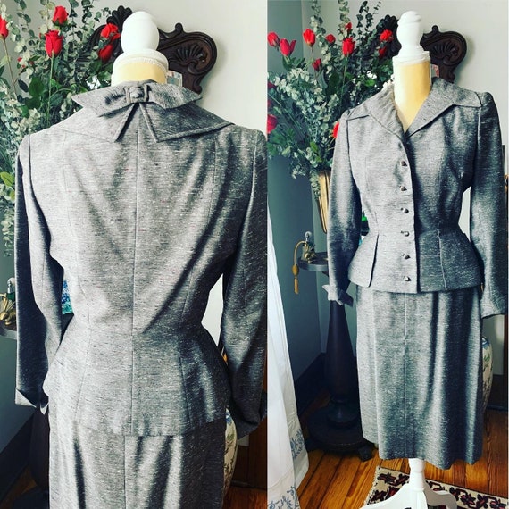 40s Grey Dress Suit, 40s Leslie Fay Pencil Suit, V