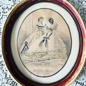 Vintage French Fashion Print, 1800s Victorian Women Framed Art, Musee Des Familles Print, Antique Art Print, Antique Oval Framed Art, Paris