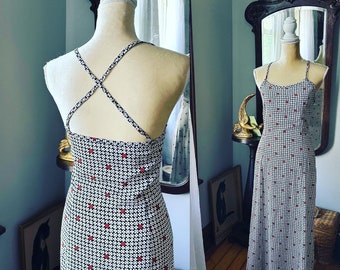 1990s Esprit Dress, 90s Criss Cross Straps Dress, Spaghetti Strap Dress, Y2K Dress, 90s Summer Dress, Black White Dress, Red Daisy Dress