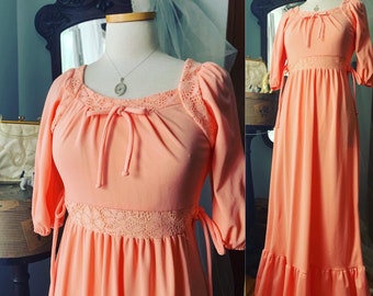 Vintage Peach Coral Maxi Dress, 70s Coral Peach Dress, Size Small To Medium Dress, Spring Dress, Summer Dress, Maxi Dress, Boho Dress