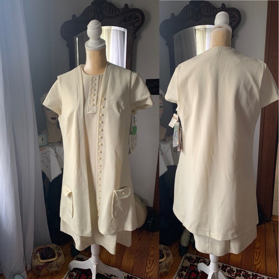 70s Dress Vest Set, 1970s Knit Ivory Dress, Sprin… - image 1