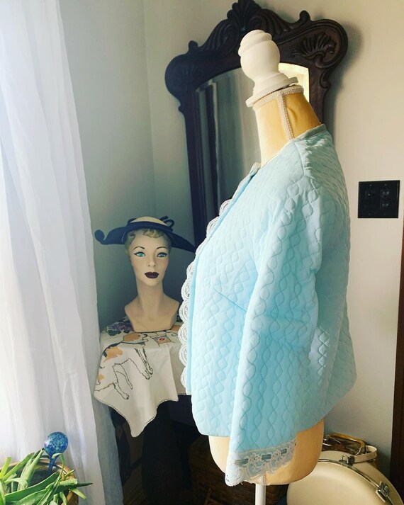 1960s Blue Nylon Quilted Bed Jacket, 50s Blue Quilted… Gem