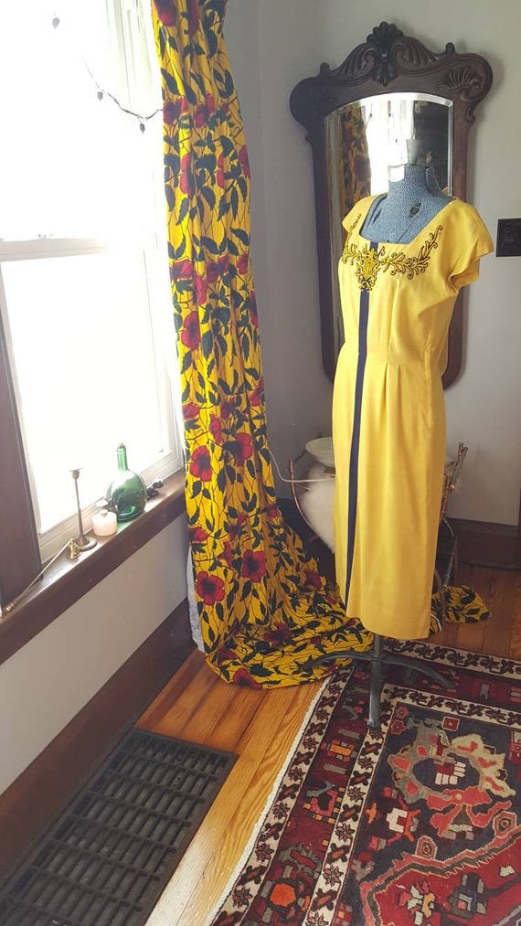 40s Vintage Yellow Navy Blue Dress Set, 50s Linen… - image 10