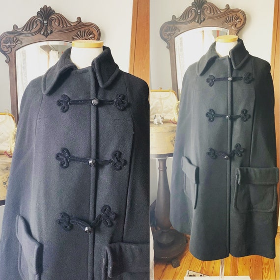 Vintage Black Wool Cape, Vintage Velvet Frog Closu