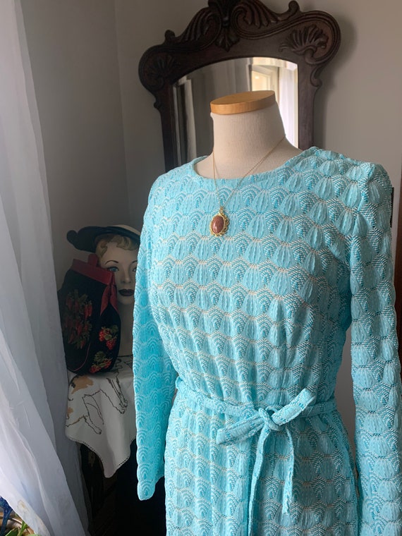 Vintage Blue Puffed Crochet Dress, 1970s Aqua Blu… - image 2