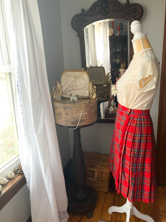 Vintage Red Wool Plaid Skirt, Fringe Trim Red Pla… - image 5