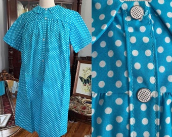 Vintage Blue Polka Dot House Coat, 50s Blue House Dress, Vintage House Dress, Miss Elaine House Dress, Vintage Robe, Snap Button Dress