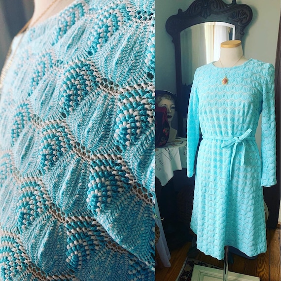 Vintage Blue Puffed Crochet Dress, 1970s Aqua Blu… - image 1