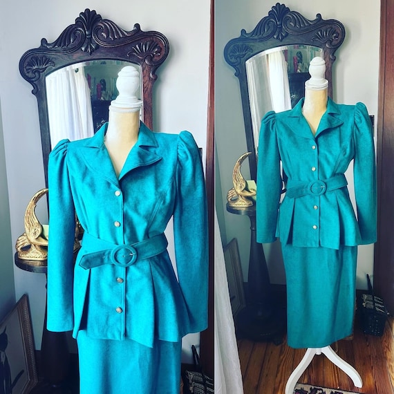 80s Teal Green Business Suit, 1980s Sabino Micros… - image 1