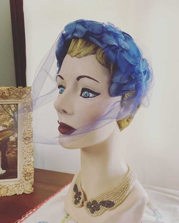 50s Blue Flower Veil Fascinator, Vintage Blue Wedd