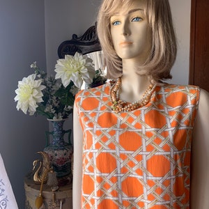 Vintage Orange Romper Shorts, 60s Orange Skorts, 60s Orange Lattice Print Dress, Size Large Romper, 60s Jumpsuit, Summer Dress image 7