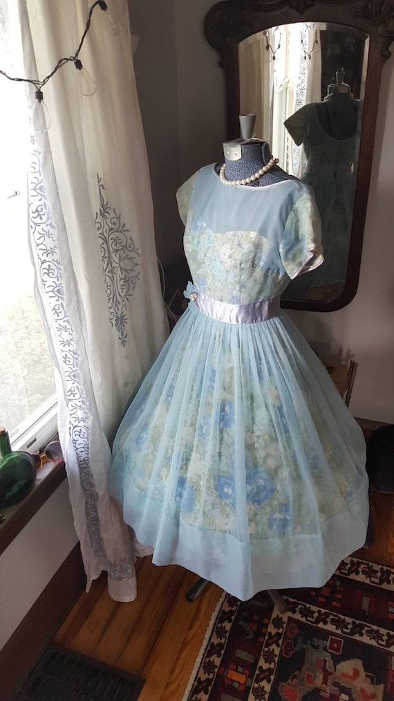 50s 50's 1950s Blue Chiffon Rose Print Dress Swee… - image 4