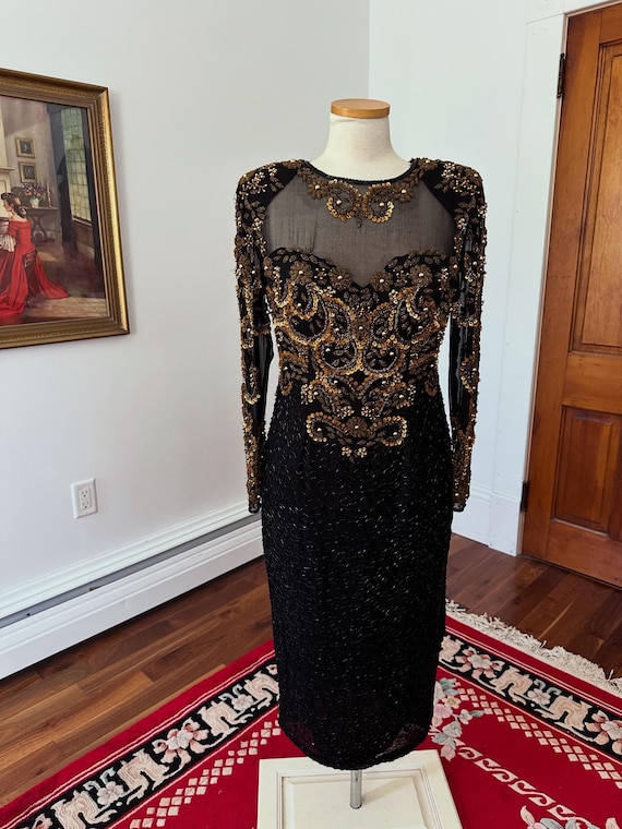hand-beaded cocktail dress Vintage Hand Beaded Dress, 1980s Sequined Dress, Silk Hand Beaded Dress,  Black and Gold Dress, Size Medium Formal, Vintage Cocktail Dress