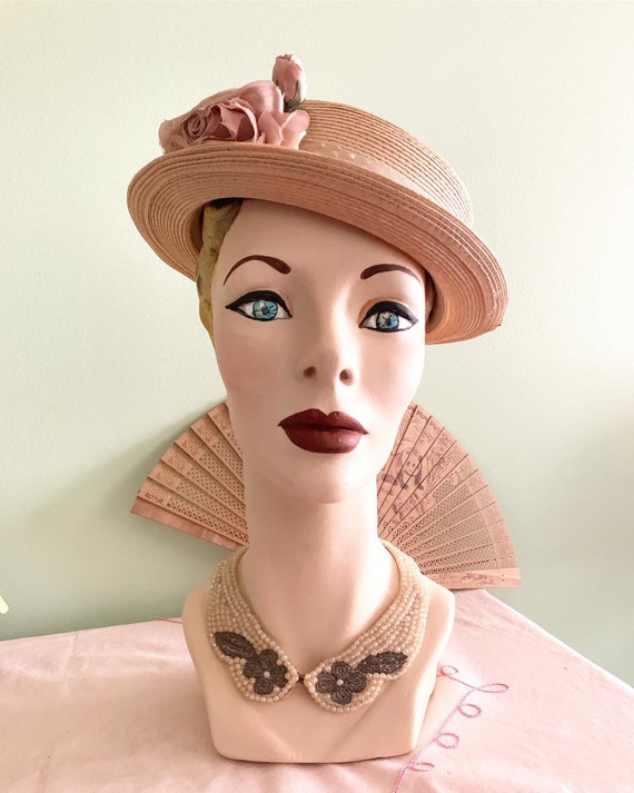 Vintage Boater Hat, 50s Straw Boater Hat, 50s Summ