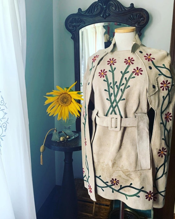 70s Suede Embroidered Poncho, Vintage Embroidered