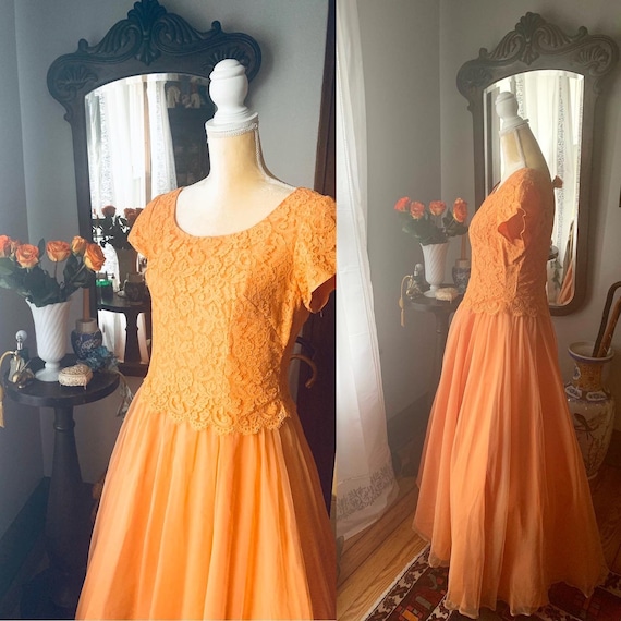 50s Orange Formal Dress, 50s Orange Chiffon Formal