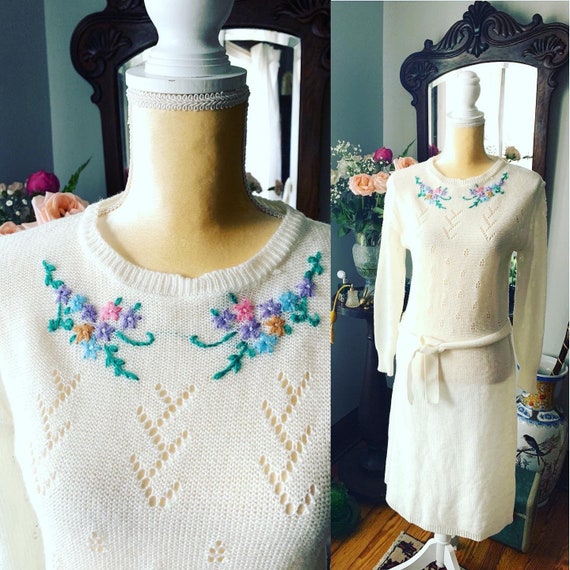 70s Ivory Knit Sweater Dress, 70s Knit Sweater Dre