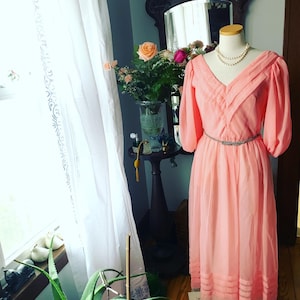 70s Peach Chiffon Dress, 50s Style Coral Dress, Vintage Coral Pink Dress, Size Medium Dress, Vintage Spring Dress, Vintage Formal Dress