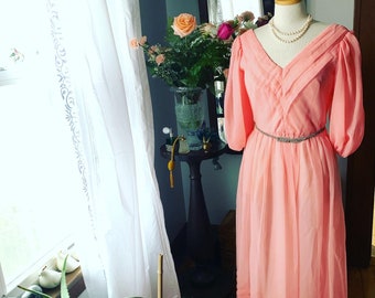 70s Peach Chiffon Dress, 50s Style Coral Dress, Vintage Coral Pink Dress, Size Medium Dress, Vintage Spring Dress, Vintage Formal Dress