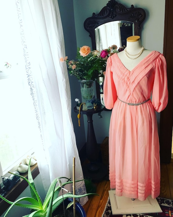 70s Peach Chiffon Dress, 50s Style Coral Dress, Vintage Coral Pink Dress,  Size Medium Dress, Vintage Spring Dress, Vintage Formal Dress - Etsy