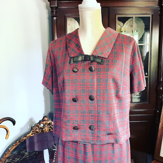 Vintage Grey Red Checked Dress Suit, 60s Dress Su… - image 2