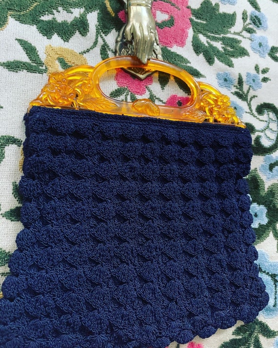 40s Blue Lucite Handle Purse, 40s Crochet Handbag… - image 2