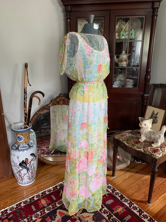 70s Boho Floral Chiffon Dress, Vintage Floral Max… - image 4