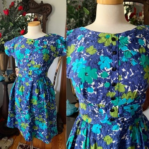 50s Summer Dress, Vintage Summer Dress, Spring Dress, Size Medium 50s Dress, Fit and Flare Dress, Watercolor Dress, Cotton Day Dress