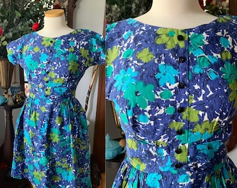 50s Summer Dress, Vintage Summer Dress, Spring Dress, Size Medium 50s Dress, Fit and Flare Dress, Watercolor Dress, Cotton Day Dress