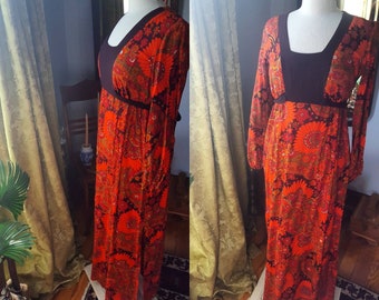 70s Orange Boho Autumn Dress, 1960s Hippie Fall Dress, Retro Flowerchild Dress, 1970s Size Medium Dress, Bohemian Long Sleeve Dress, Groovy