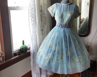 50s 50's 1950s Blue Chiffon Rose Print Dress Sweetheart Neckline Scoop Back Crystal Blue Pearl Rhinetsone Brooch and Lavender Waist Medium M