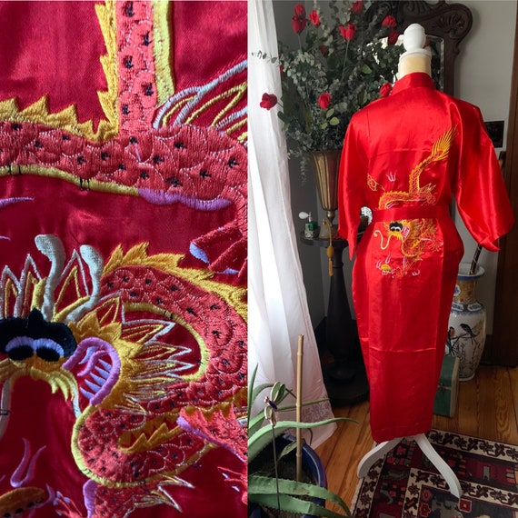 Vintage Red Kimono, Vintage Red Dragon Robe, 70s E