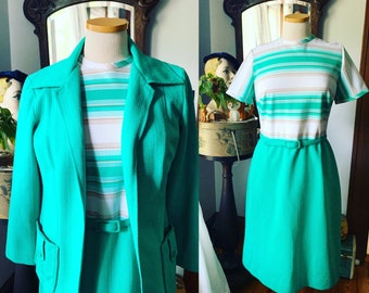 70s Green Knit Dress Suit, Bleeker Street Knit Dress Set, Green Striped Dress, Size Medium Large Dress, Spring Dress, 1970s Dress, Vintage